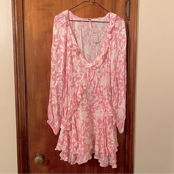 Free People Dress Rebecca Bubblegum Pink White Ruffle Long Sleeve Boho Small - Picture 1 of 9